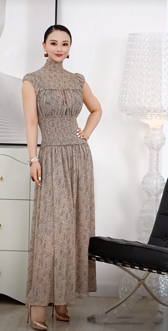 【RZ】轻奢高领无袖印花连衣裙