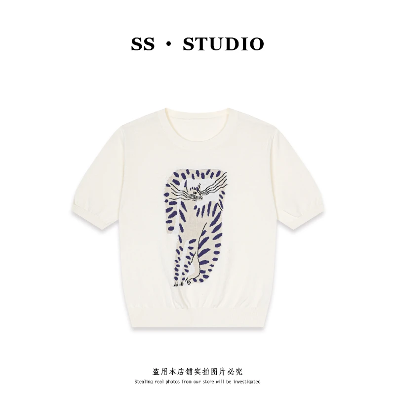 【SUSU】“孟加拉豹猫”重工提花圆领针织衫夏季休闲短袖上衣SS-5525