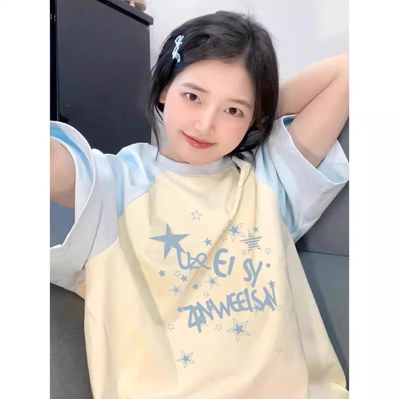 浅蓝色短袖t恤女圆领夏季时尚高中学生体恤奶系法式宽松纯棉上衣