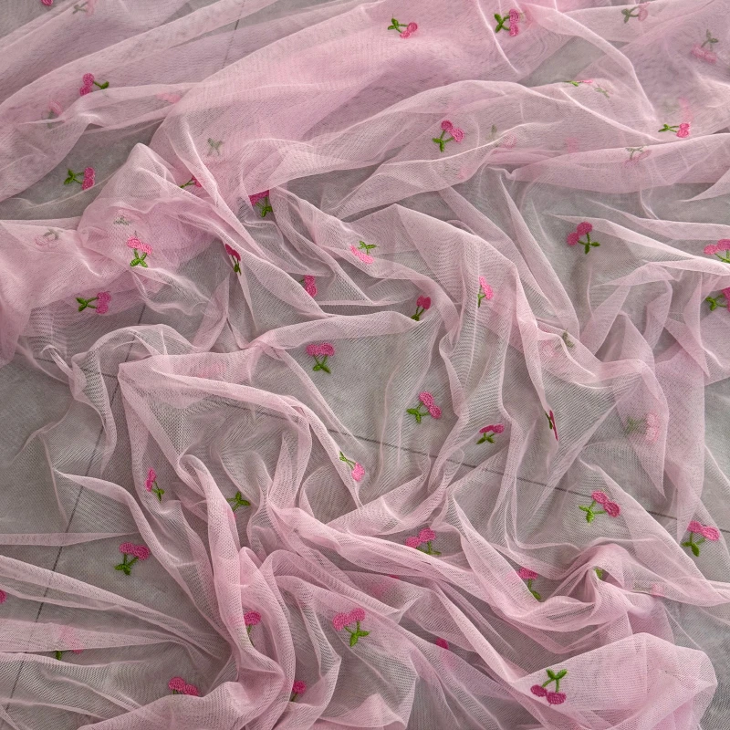 【粉底粉樱桃】刺绣樱桃网纱布料2米长