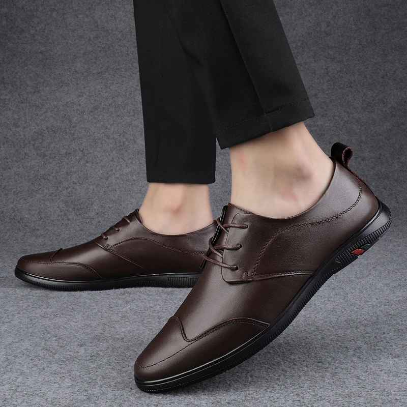 春季新款软皮透气百搭休闲鞋英伦商务系带皮鞋子时尚软底舒适男鞋
