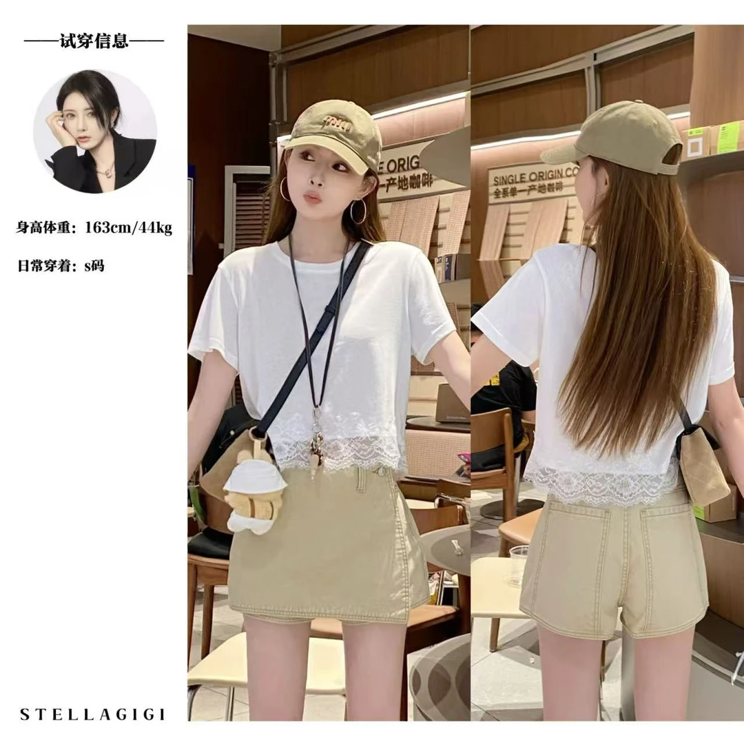 SG / 杨依姗 SS蕾丝拼接下摆圆领短袖T恤T-20251192