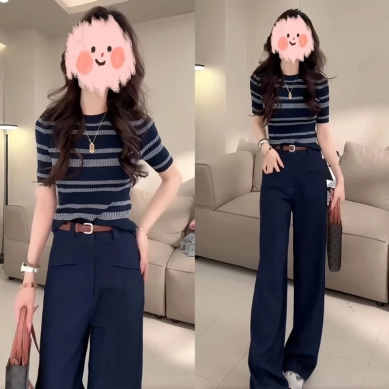 网红洋气炸街女装2025夏季撞色条纹短袖针织上衣百搭休闲裤套装女