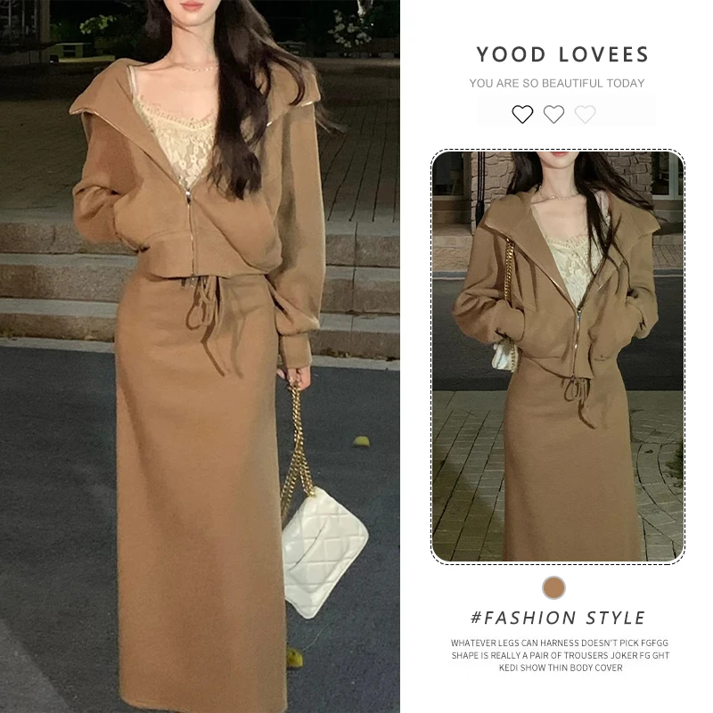韩版女装甜酷炸街蕾丝内搭短款连帽外套遮肉显瘦半身裙慵懒三件套