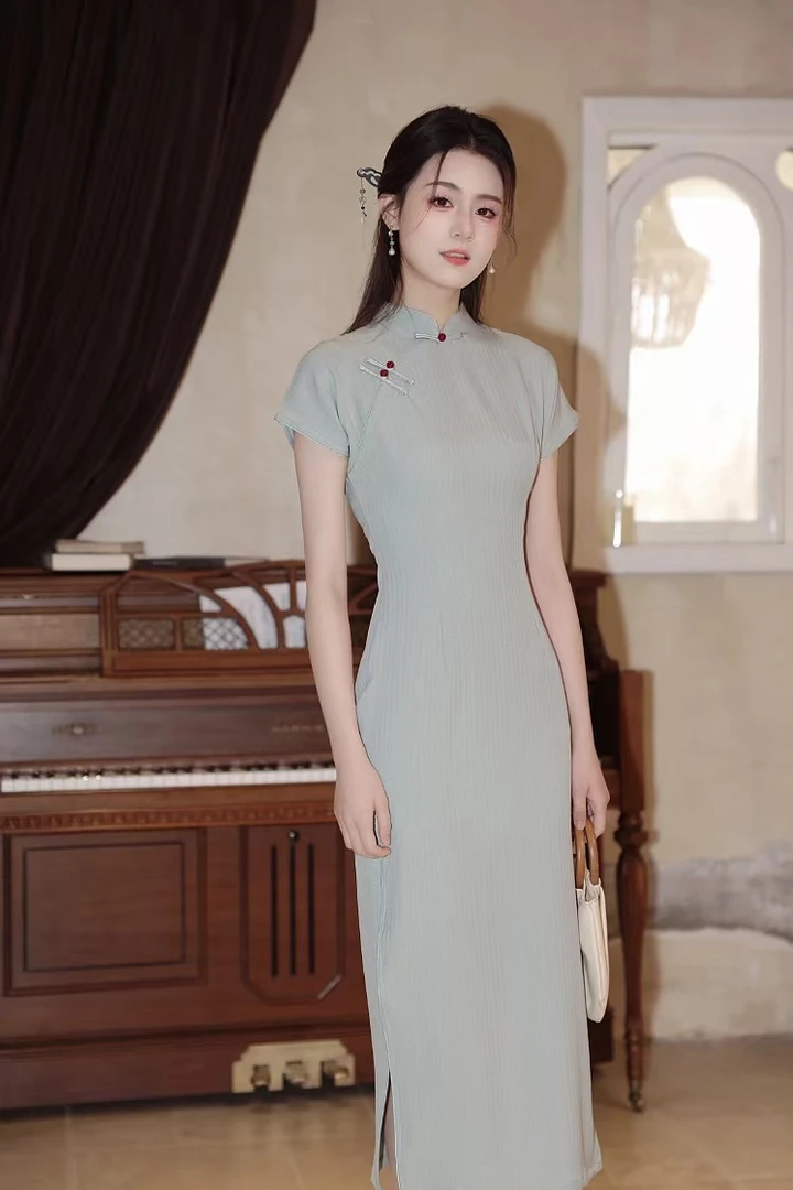 （荷汐）120长单层清新透气轻薄后拉链旗袍复古文艺显瘦少女气质