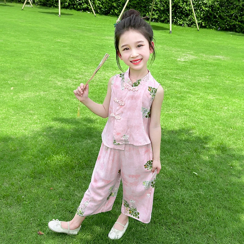 女童套装网红国风夏装新中式儿童装夏季薄款碎花阔腿裤绵绸两件套