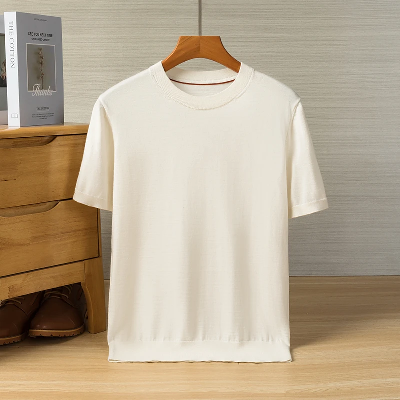 可机洗精纺纯山羊绒圆领T恤男春夏季薄款针织短袖高端老钱风半袖
