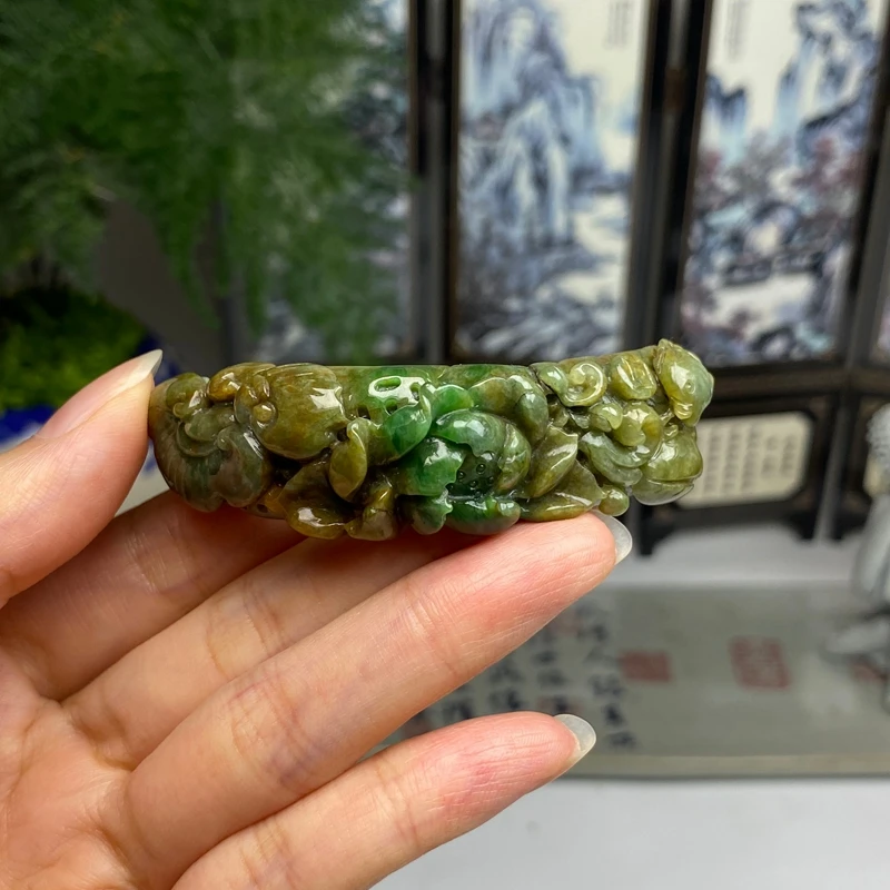 老料红加绿花开富贵手牌花件 天然翡翠A货