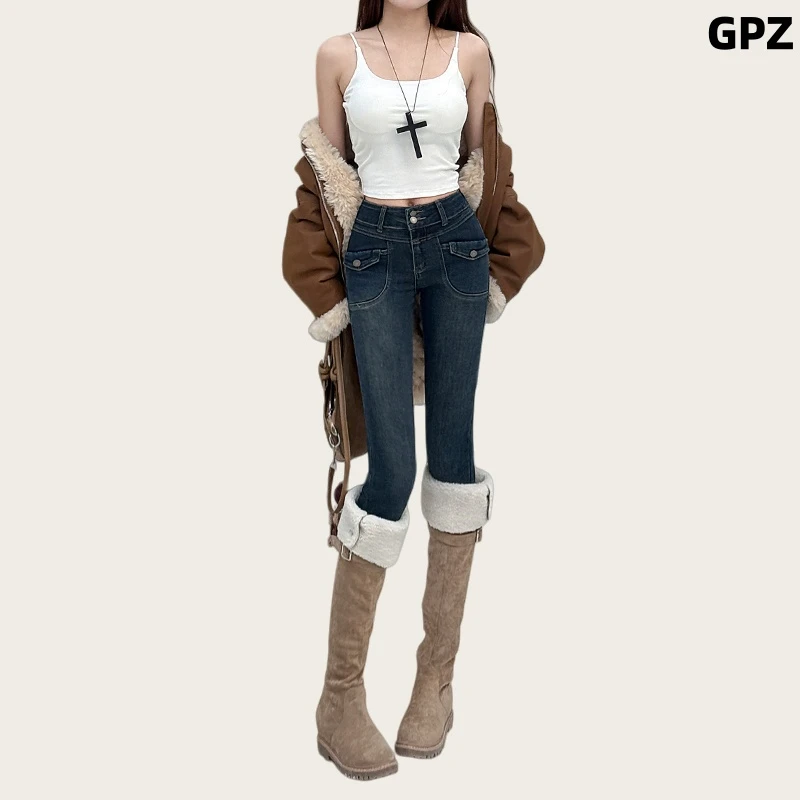 弹力加绒小脚牛仔裤女2025秋冬新款高腰排扣显瘦紧身百搭时尚铅笔