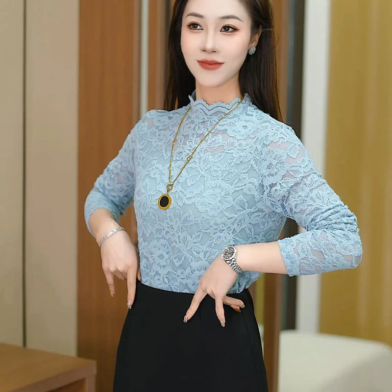 气质长袖蕾丝衫百搭中式半高领蕾丝勾花镂空半开领