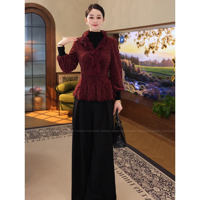 2026秋冬款【LT-D878】加绒加厚轻奢小众红色洋气蕾丝衬衫过年上