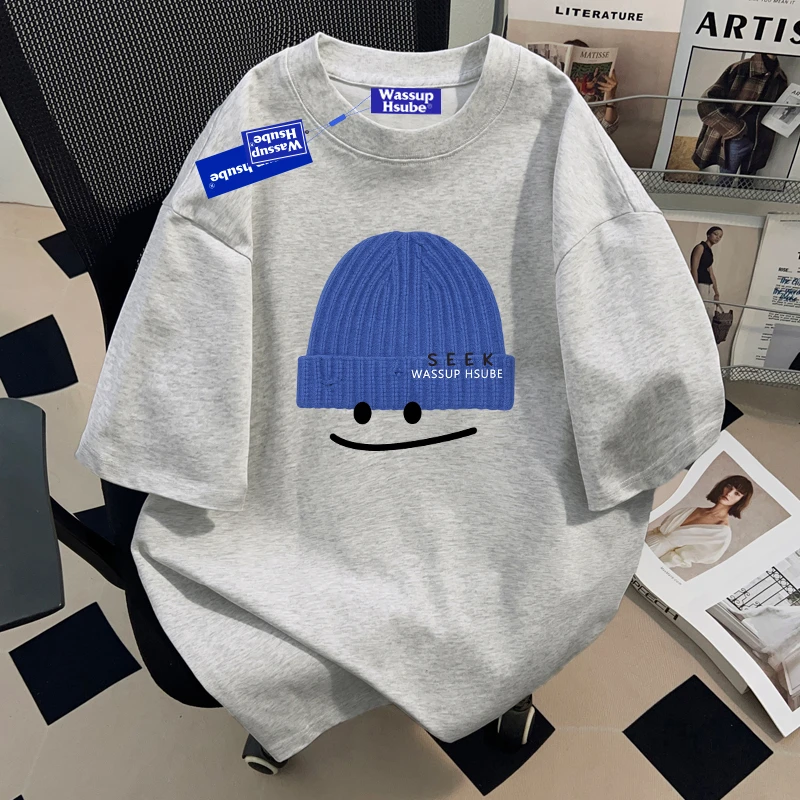 WASSUP HSUBE蓝帽子美式潮牌短袖重磅纯棉男女t恤宽松情侣上衣