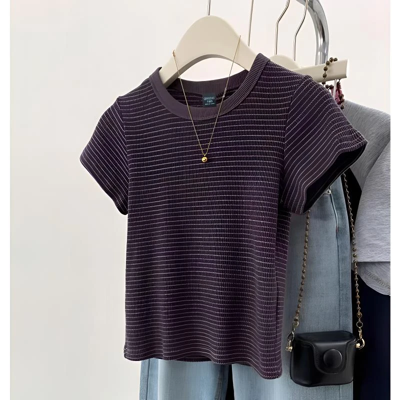 9106#港风chic撞色条纹圆领短袖T恤女夏季设计感修身显瘦上衣外穿