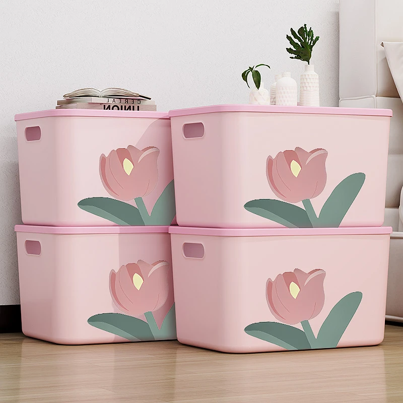 春夏新品郁金香樱花粉收纳箱衣物整理箱零食宿舍大号防尘收纳盒子