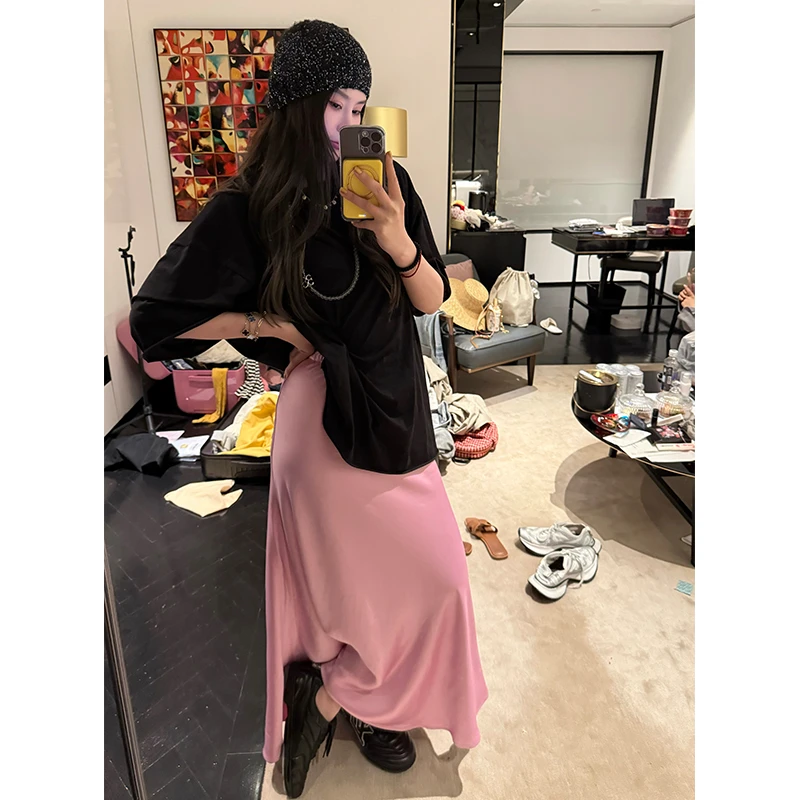 tingtings【浪漫丝滑】粉色醋酸半身裙女高腰显瘦大摆裙长裙