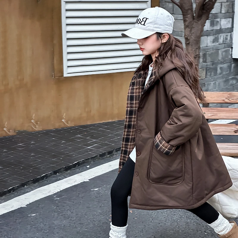 女童冬季棉衣2025新款韩版宽松中长款连帽双面穿棉袄中大童洋气潮