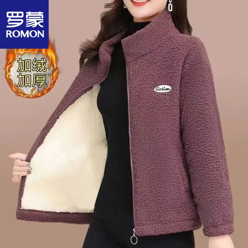 罗蒙冬季加绒加厚棉衣女宽松大码中年妈妈外套休闲颗粒绒保暖上衣