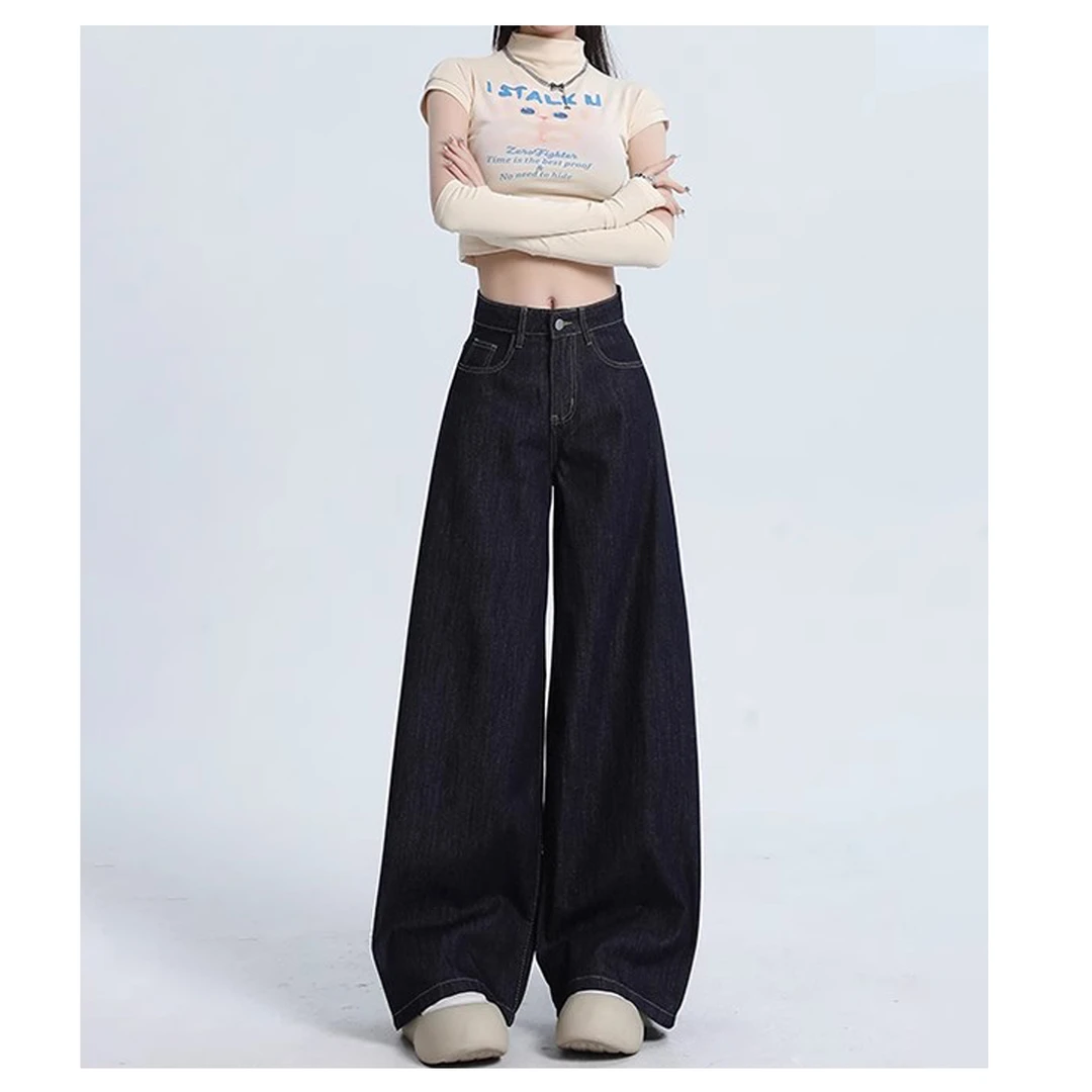 【MII麻辣靓穿搭】美式原牛高腰宽松设计拖地蓝白双色阔腿牛仔裤女