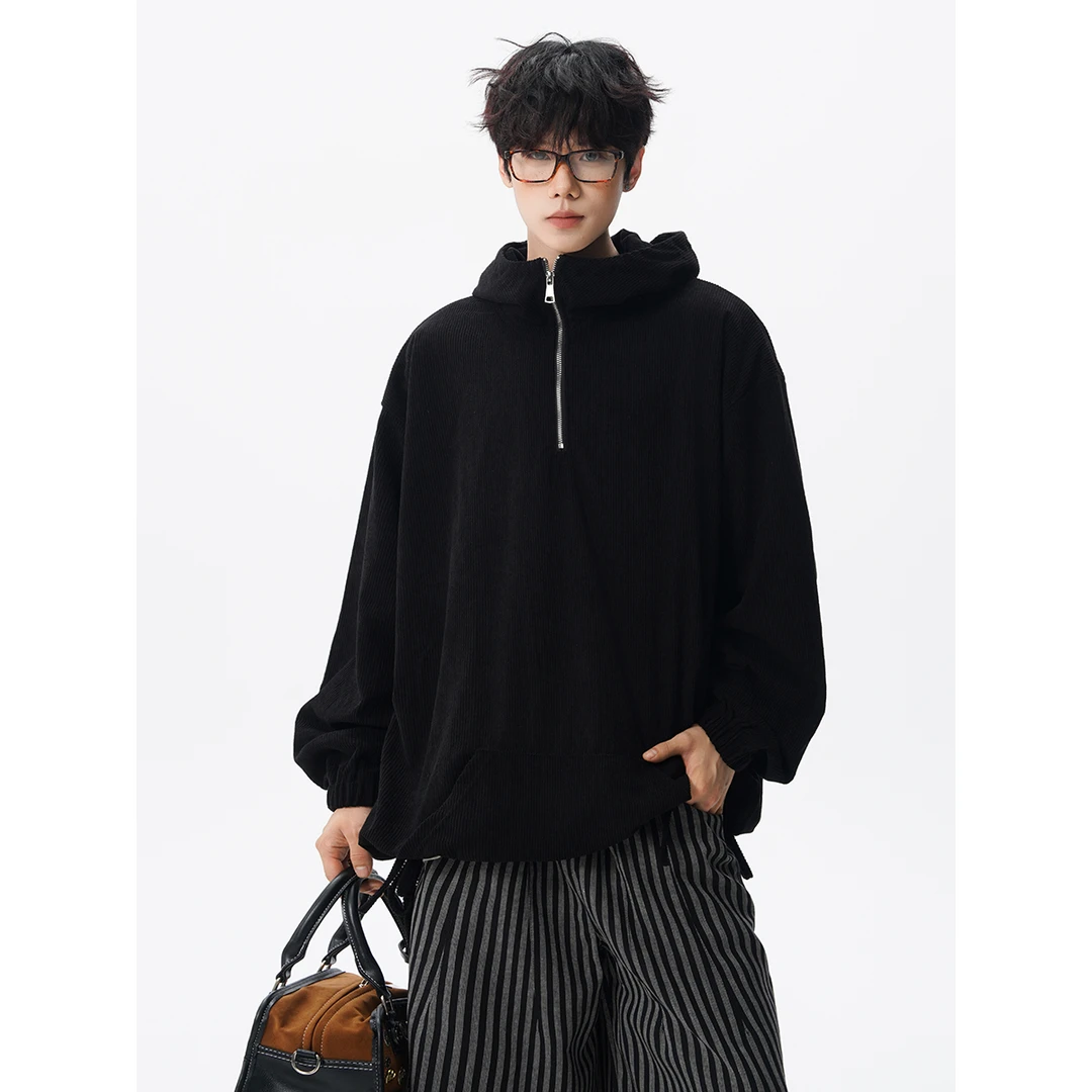 2025秋季新款重磅半拉链连帽卫衣男士大码宽松休闲保暖垂感打底衫