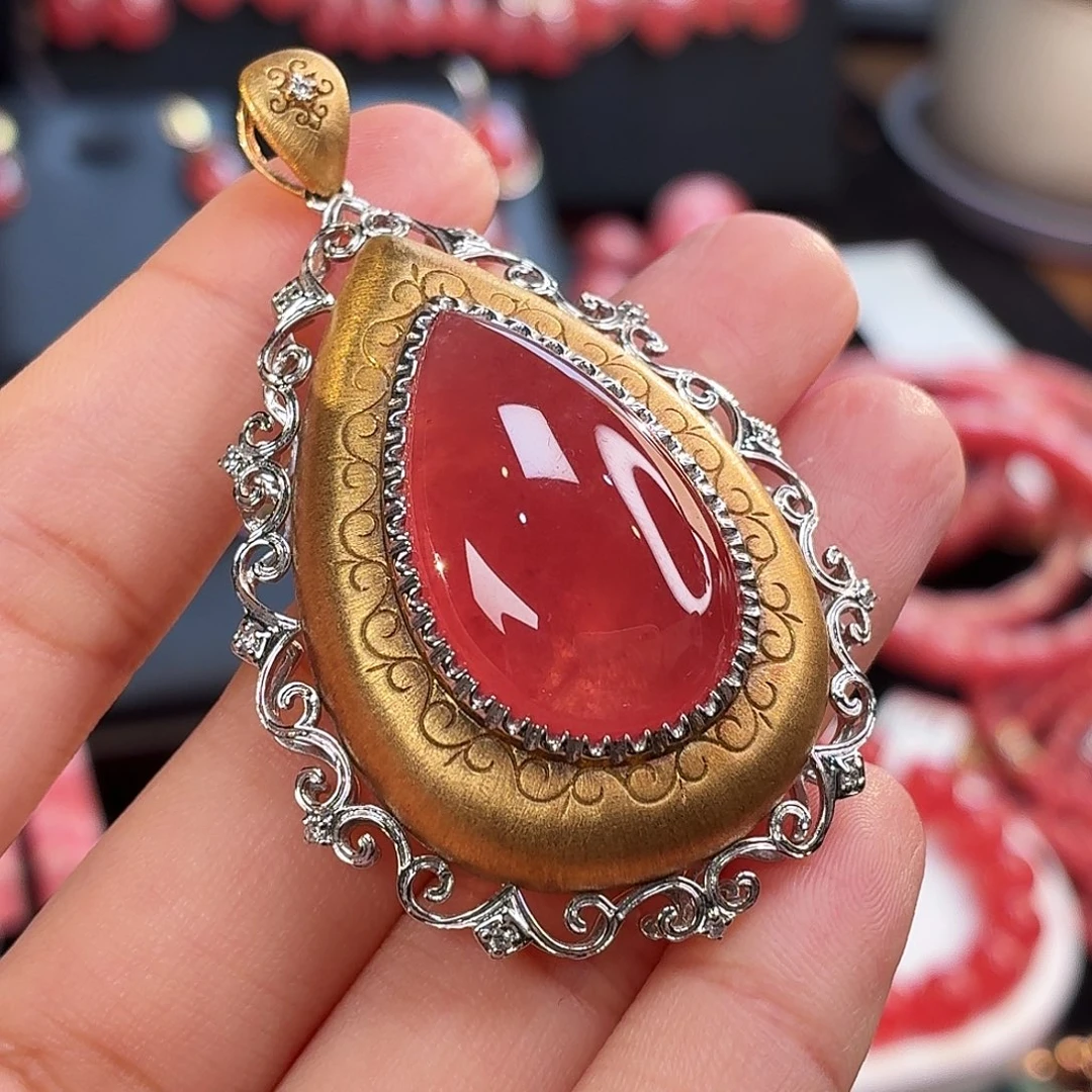 菱锰矿（红纹石）18K金镶嵌吊坠(不含链)