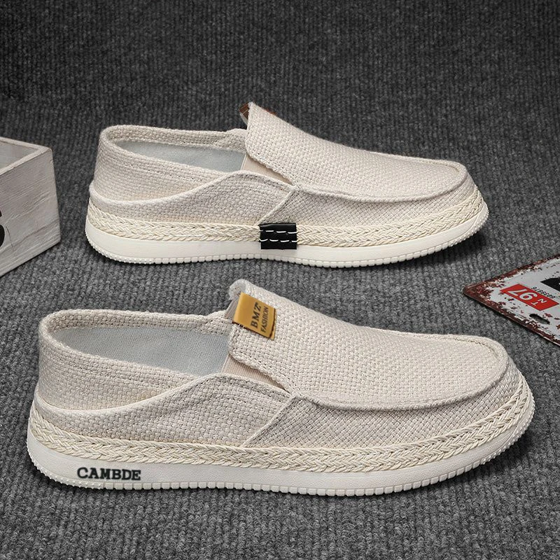 布鞋男士夏季新款透气渔夫鞋男款潮流一脚蹬亚麻布休闲驾车豆豆鞋