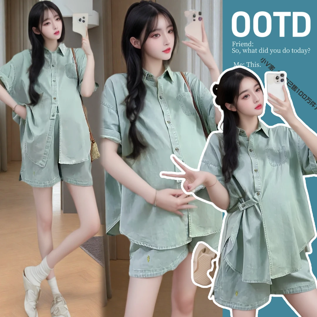 Y3469#【小V家设计】夏季薄牛仔设计感衬衣+短裤孕妇套装