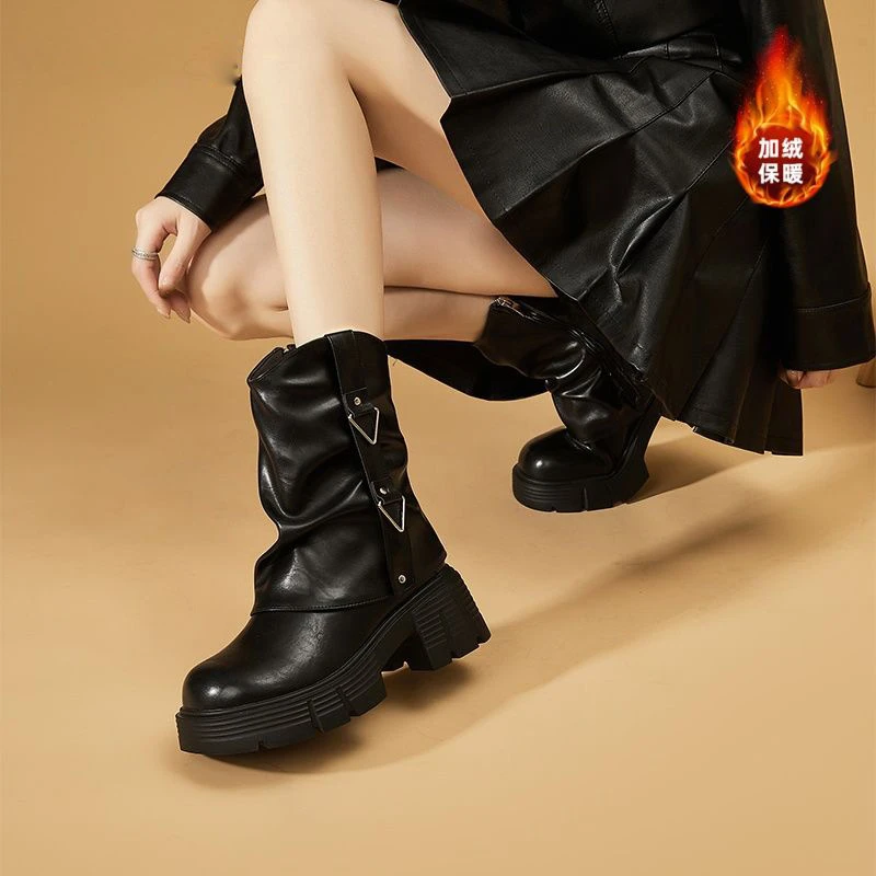 2025冬季新款厚底粗跟皮面裤管复古英伦风马丁靴厚底潮流炸街女靴