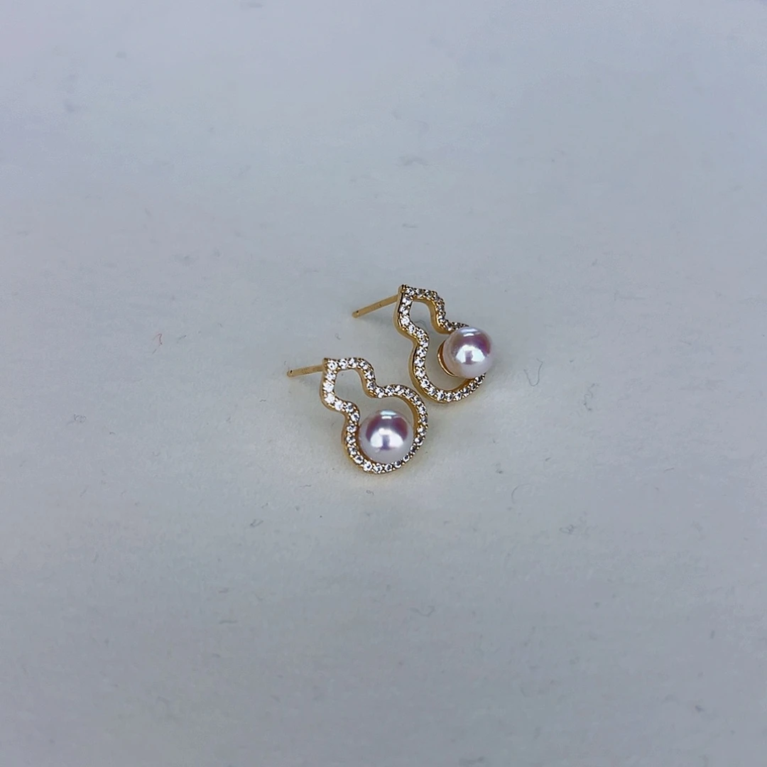 海水珍珠海水akoya设计款耳钉5-6mm银S925镶嵌