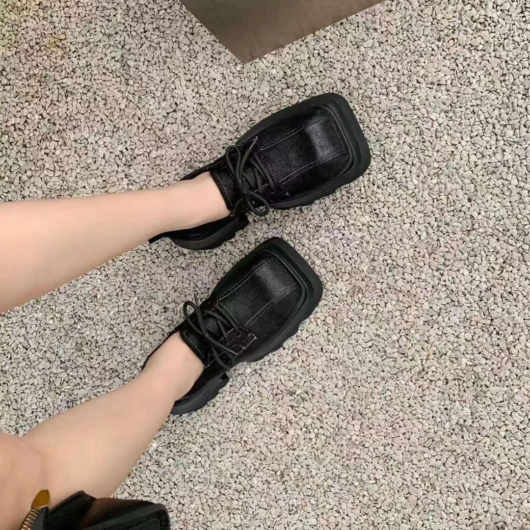 厚底安可拉红磨小皮鞋2025春季显瘦方头乐福鞋女鞋