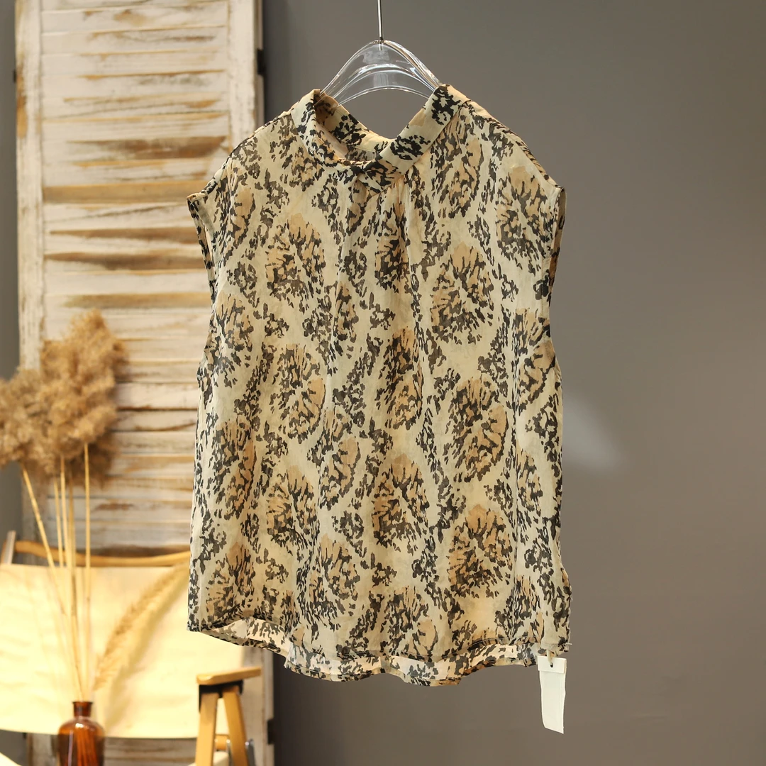 2025年新品夏季个性经典豹纹衬衣女无袖麻味凉爽薄款苎麻翻领衬衫