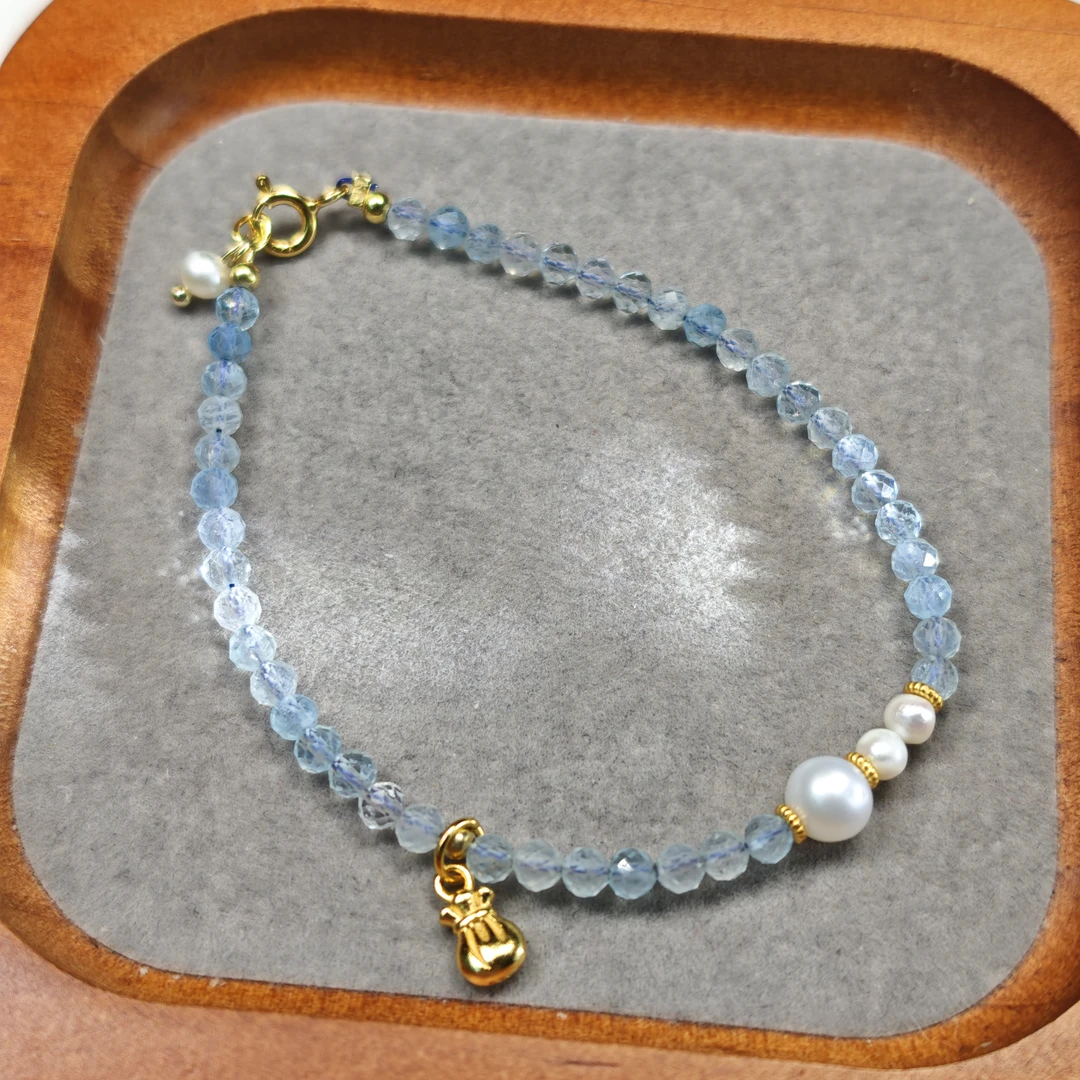 【清声】物华原创天然海蓝宝石撞色素雅精巧单圈蓝色百搭素圈珠珠