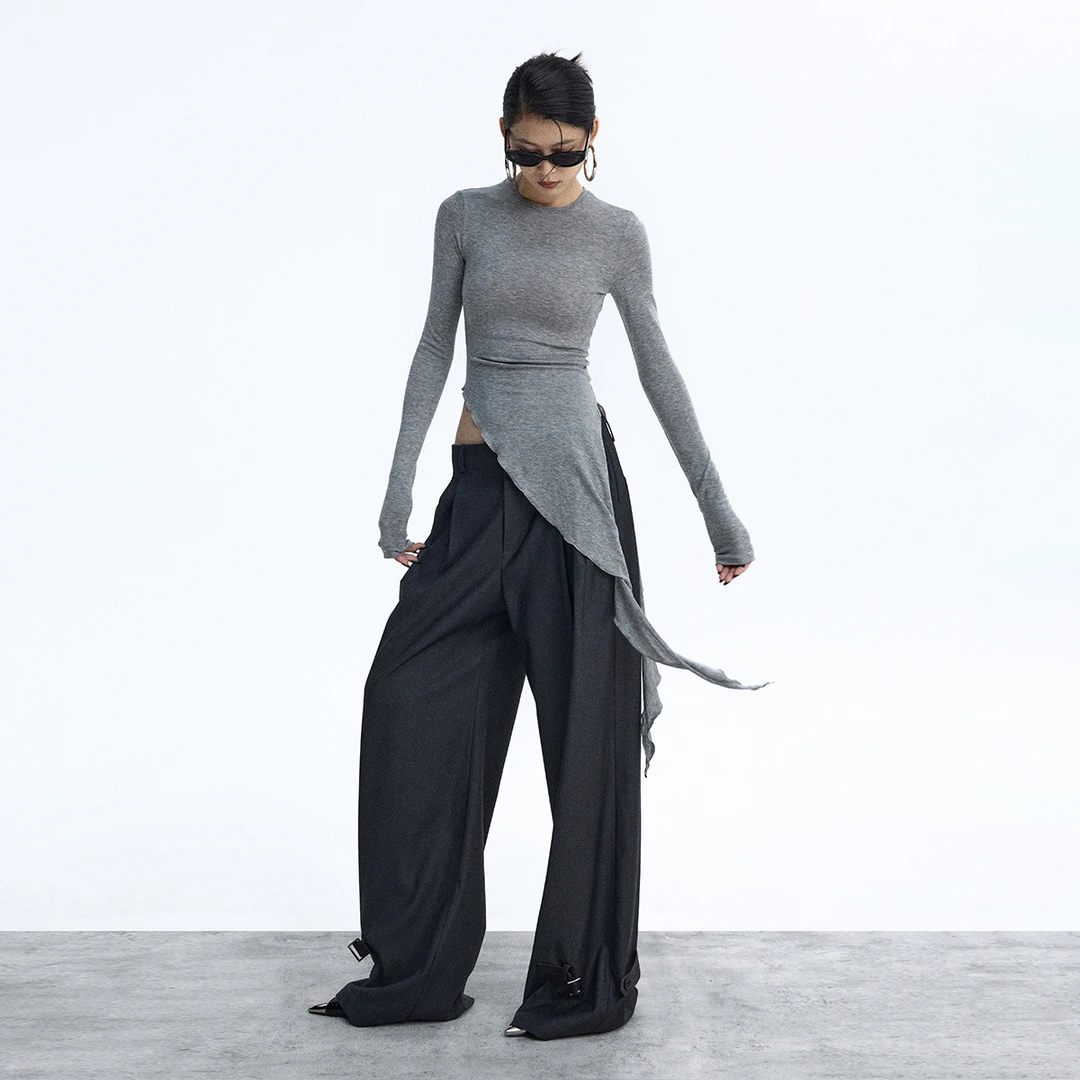 ourhour 木耳边下摆 纯色莱赛尔修身斜边开衩上衣 女冬设计感打底