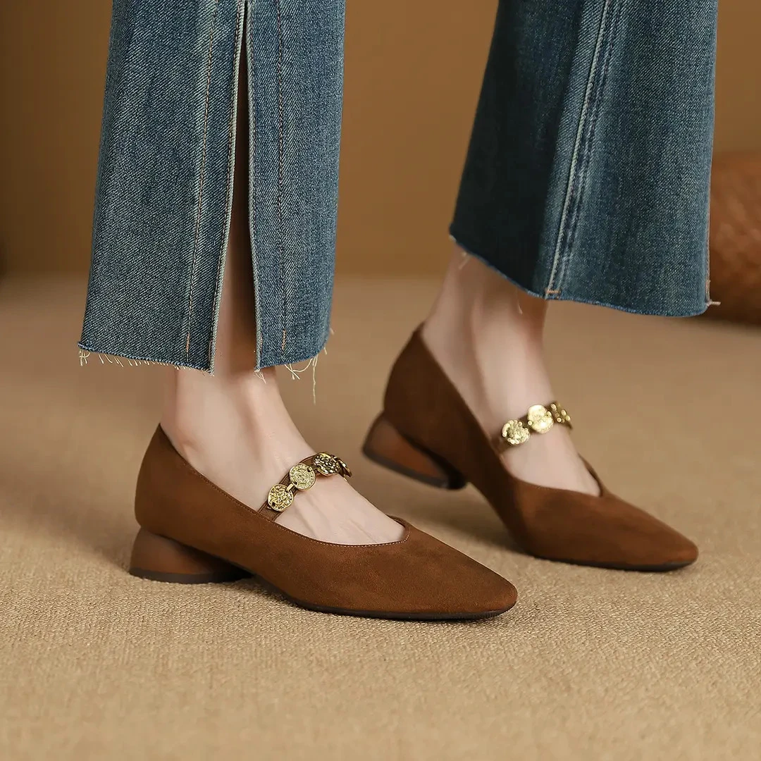 史蒂夫·马登方头金币链玛丽珍女2025新款复古法式舒适低跟单鞋