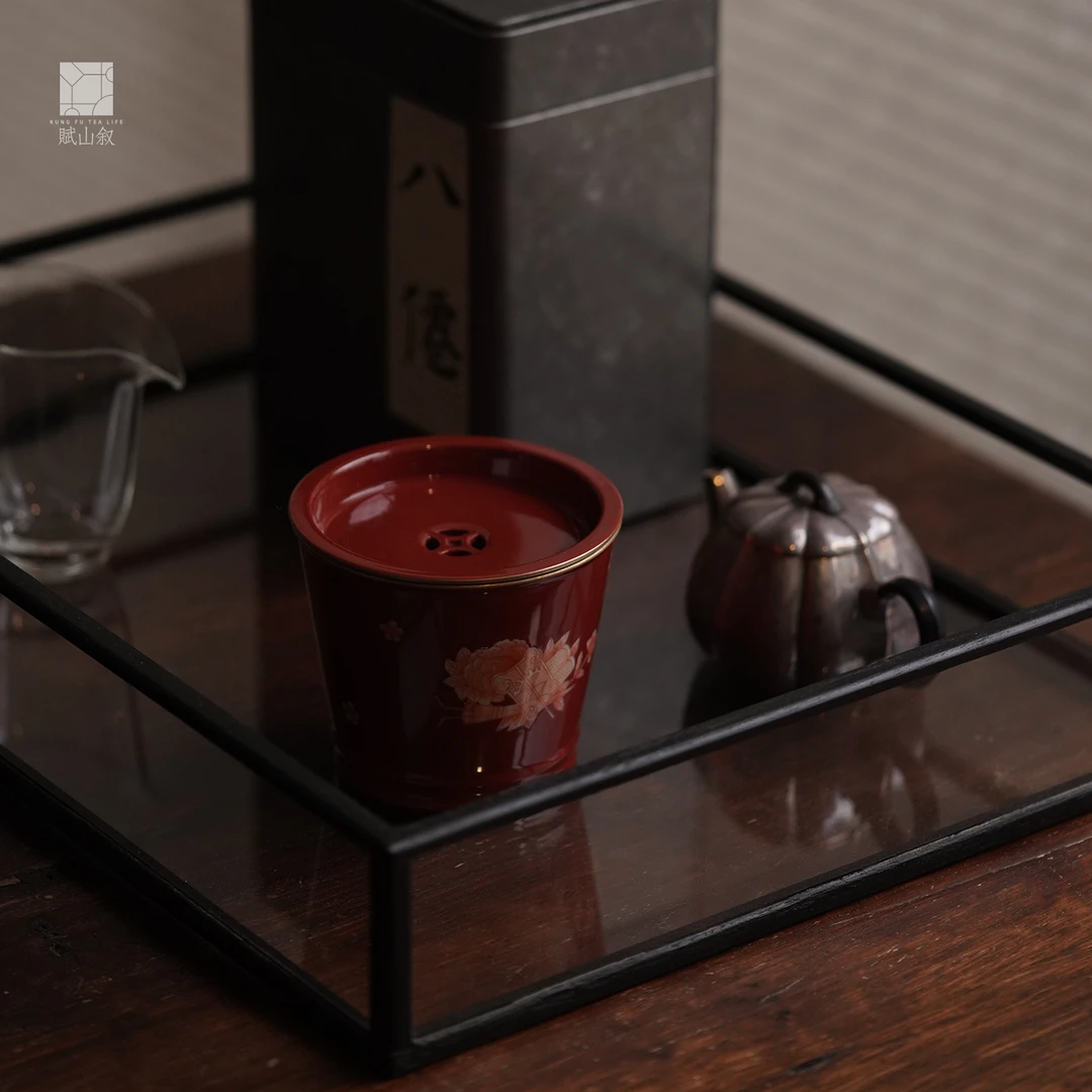 【赋山堂官方】绛红淡彩清玩水盂带盖矾红描金手绘水洗渣斗缸建水