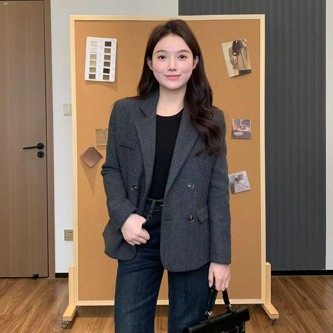 【折扣】小羽酱小个子定制秋冬韩版百搭显瘦双排扣夹棉羊毛呢子西装