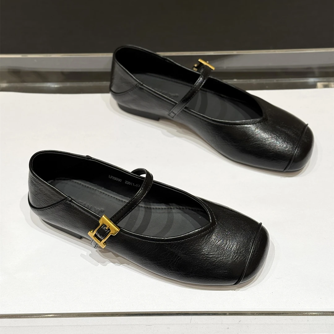 平底方头一字带法式小皮鞋女2025新款秋季超火拼接洋气玛丽珍单鞋