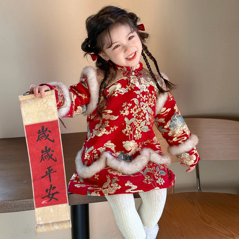 女童冬季加绒旗袍裙冬装2025新款儿童中国风连衣裙宝宝拜年服唐装