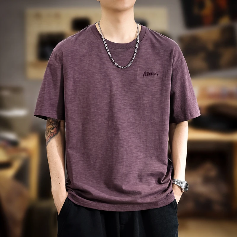 美式复古竹节棉短袖t恤男简约刺绣夏季薄款上衣宽松大码半袖体恤T