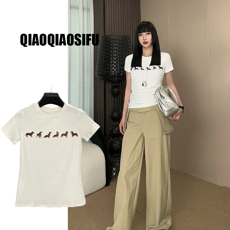2025夏季印花小狗时尚百搭设计感休闲短袖T恤女0287