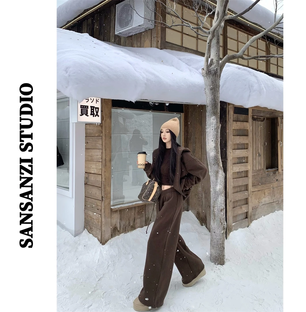 SANSANZI慵懒风圆领打底上衣女连帽卫衣外套秋冬垂感阔腿裤三件套