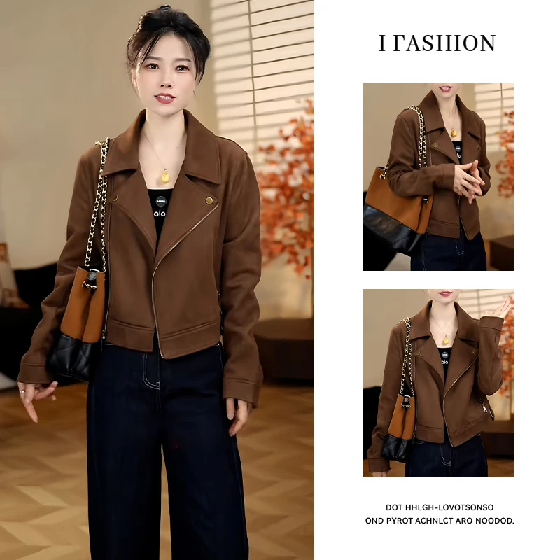 小个子机车风气质长袖翻领短外套女2025年秋季新款百搭遮肉上衣潮