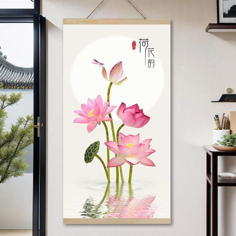 聚财荷花九鱼图装饰画新中式玄关客厅书房走廊过道古典墙壁画挂画