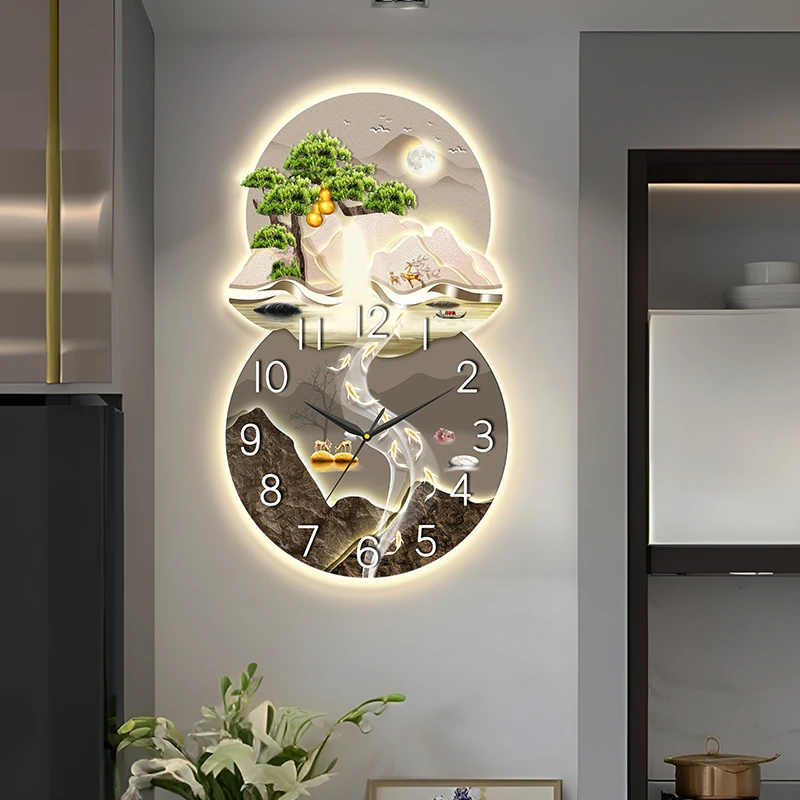 新款家用装饰画钟表中式客厅挂钟餐厅灯光时钟挂墙高端日历石英钟