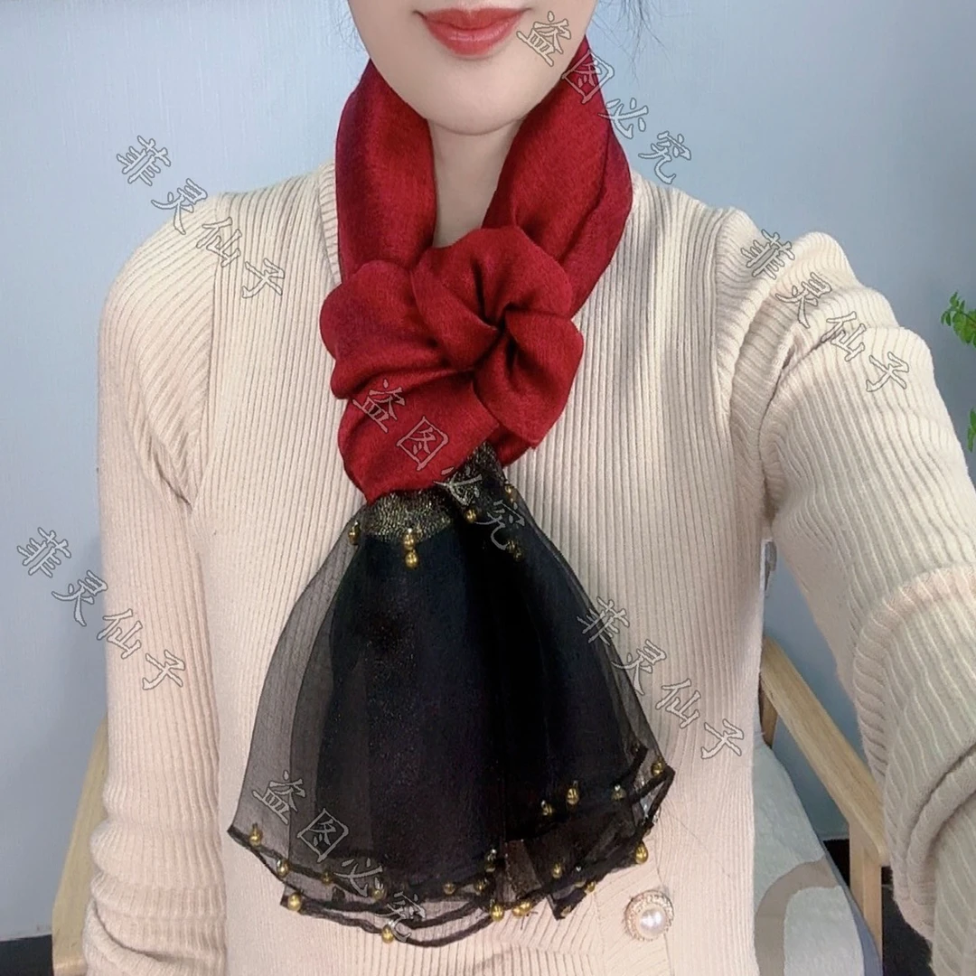 D【新年红色围巾】高档桑蚕丝羊毛钉珠 百搭时尚洋气披肩保暖丝巾