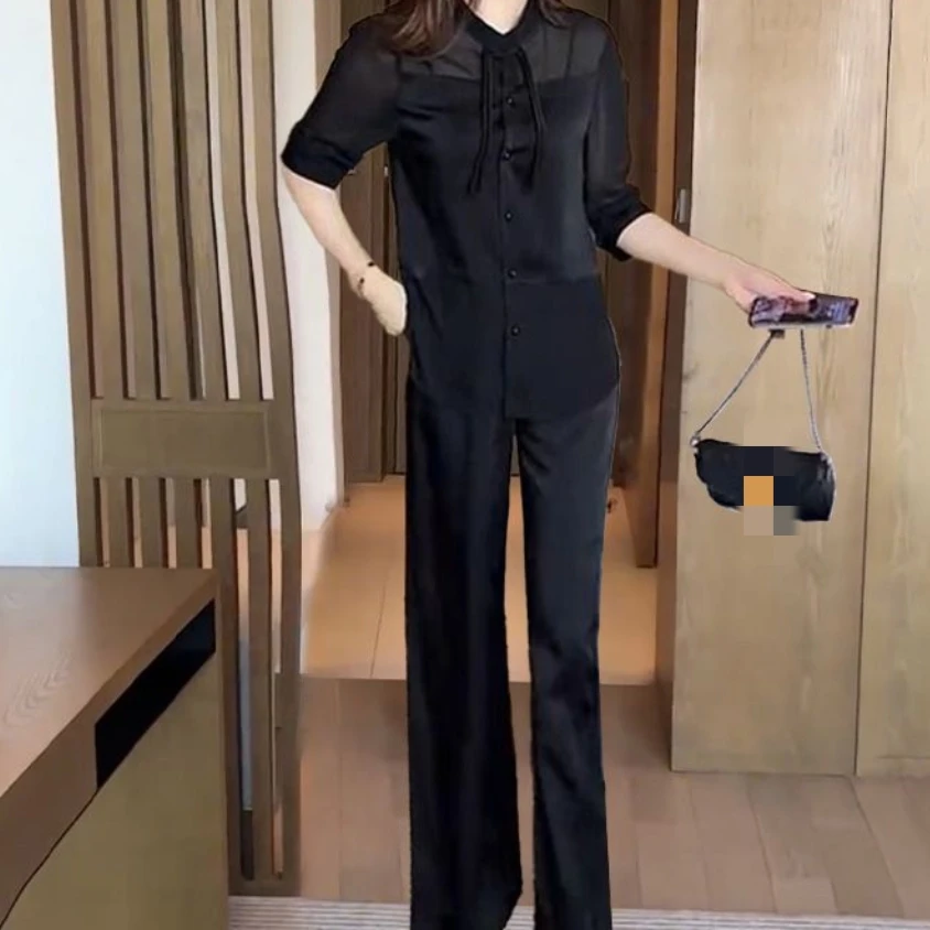 02新中式时尚夏季新款洋气质显瘦盘扣衬衫阔腿裤两件套潮女套装