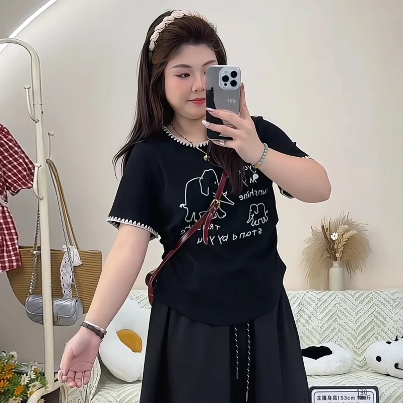 【8896桃】胖MM大码夏季新款花边圆领印花短袖显瘦T恤女上衣时尚