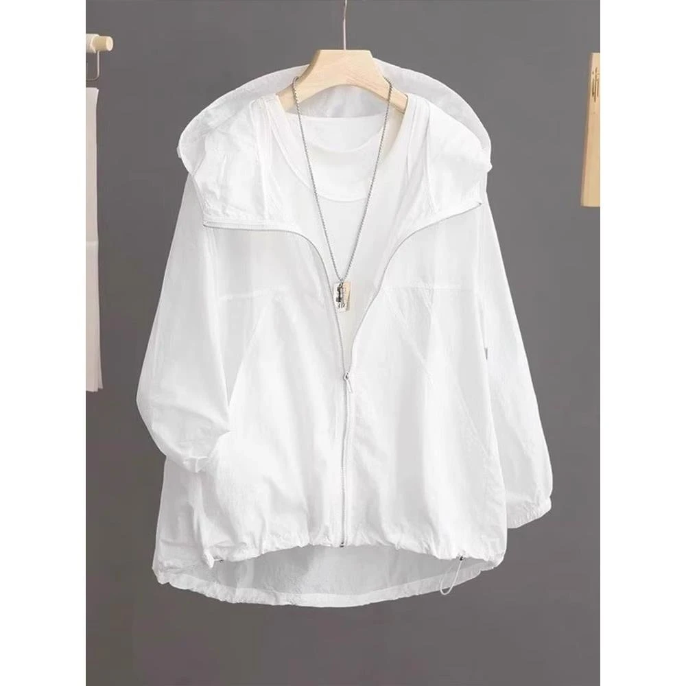 白色连帽冰凉丝感衣女2025新款夏季薄款透气宽松中长款防晒外套女