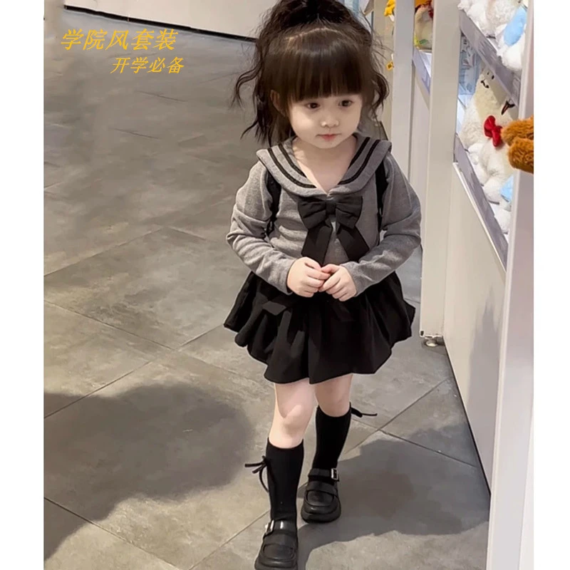 韩系童装女宝宝套装2025秋装女童蝴蝶结南瓜裙裤学院风上衣两件套
