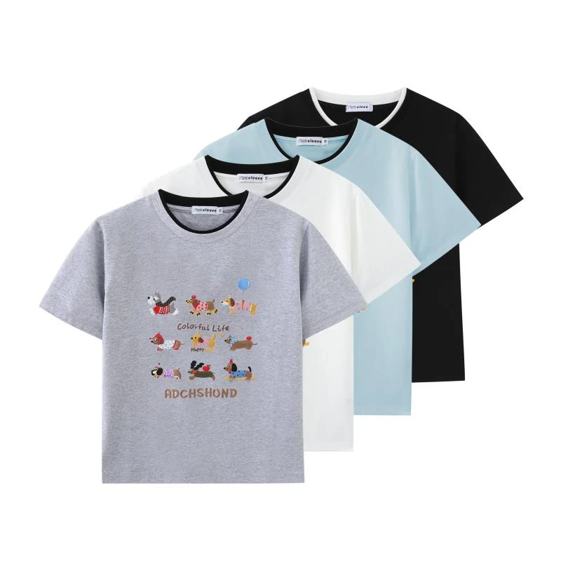 LY夏季新款刺绣满印小狗短袖上衣男女同款韩版休闲T恤圆领夏X2562