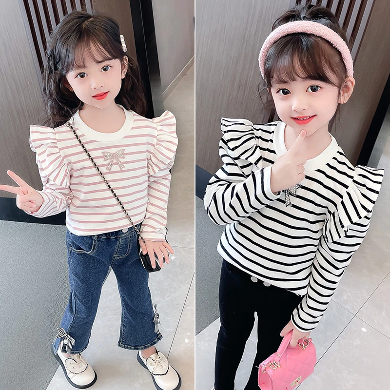 女童长袖T恤儿童2025新款春装上衣条纹衫打底衫飞袖蝴蝶圆领棉质